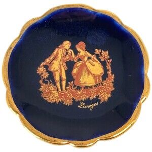 Limoges Dance Couple Figures Mini Plate ~2" Blue Gold Porcelain France VTG
